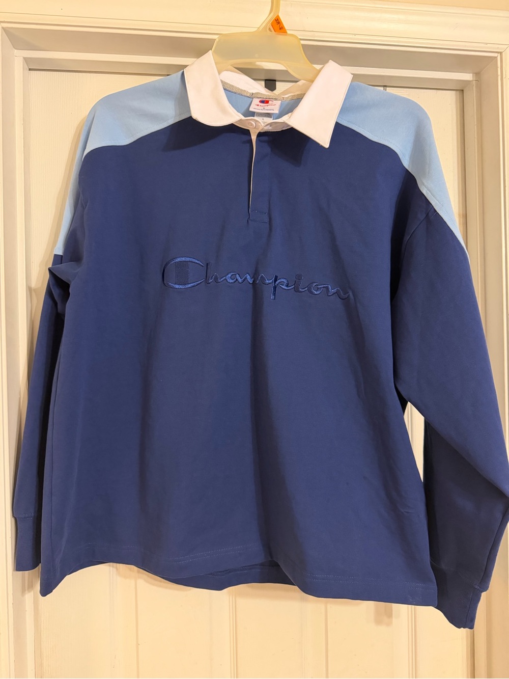 NWT Champion Men’s Navy and Light Blue Rugby Shirt with White Collar. Size:L.